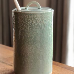 ceramic ghee pot in aqua green